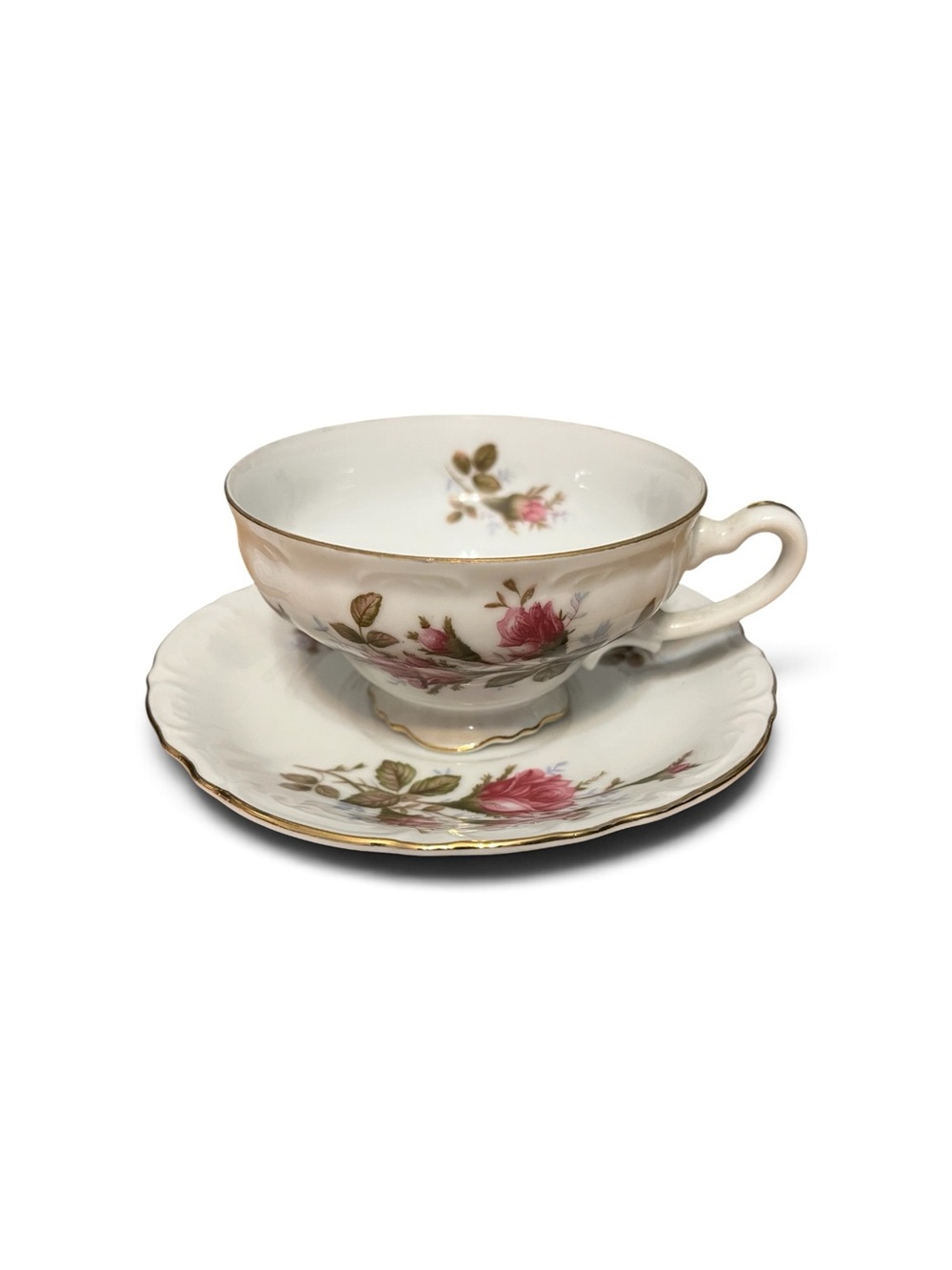 Vintage Japanese Floral Porcelain Teacup and Saucer - Pink Rose with Gold Trim